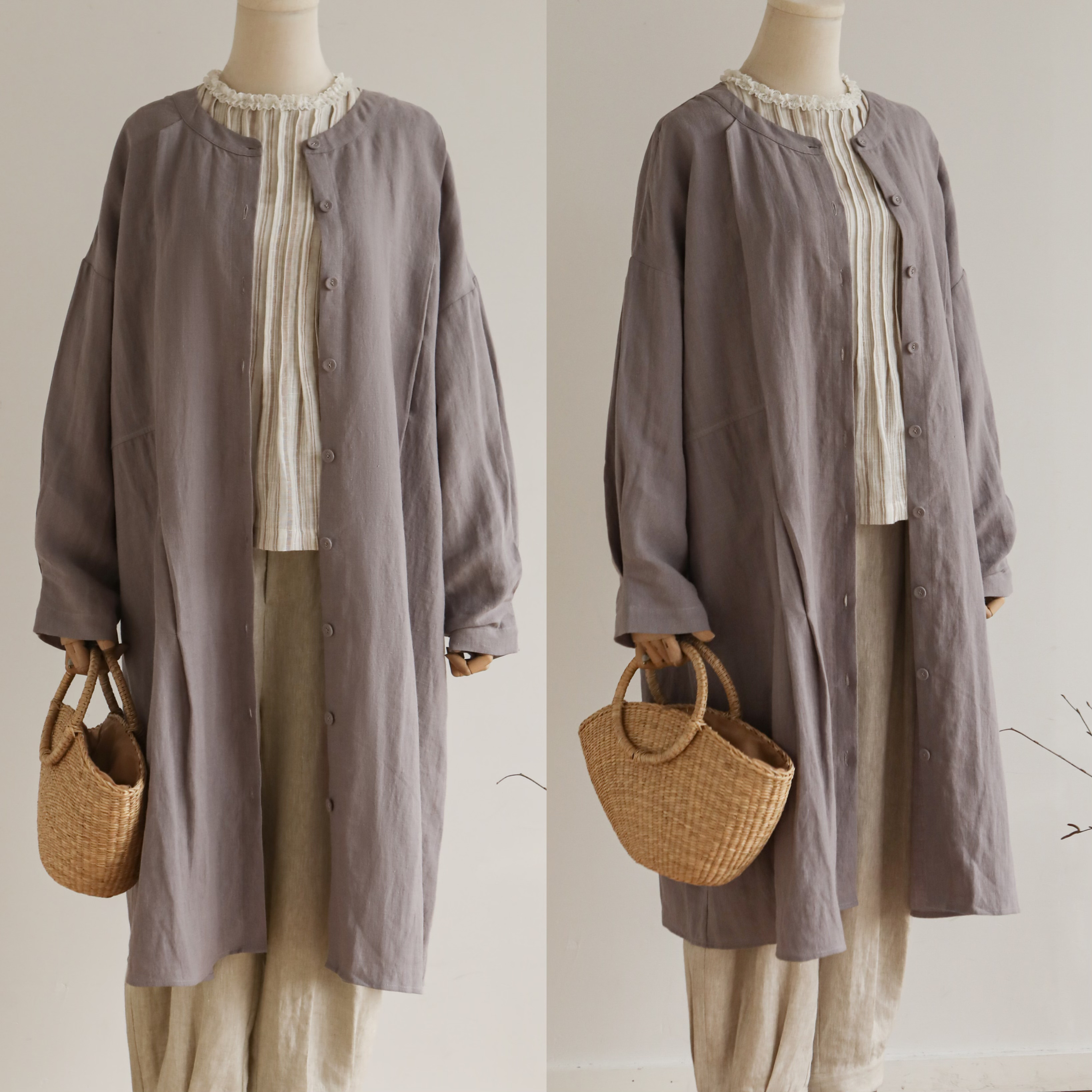 ナチュラルな雰囲気漂う タック入りワンピース　ロングリネンカーディガン　リネン100％　紫がかった灰色　240410-1 コート fall-in&co(talent) 通販 17627866｜Creema(クリーマ)